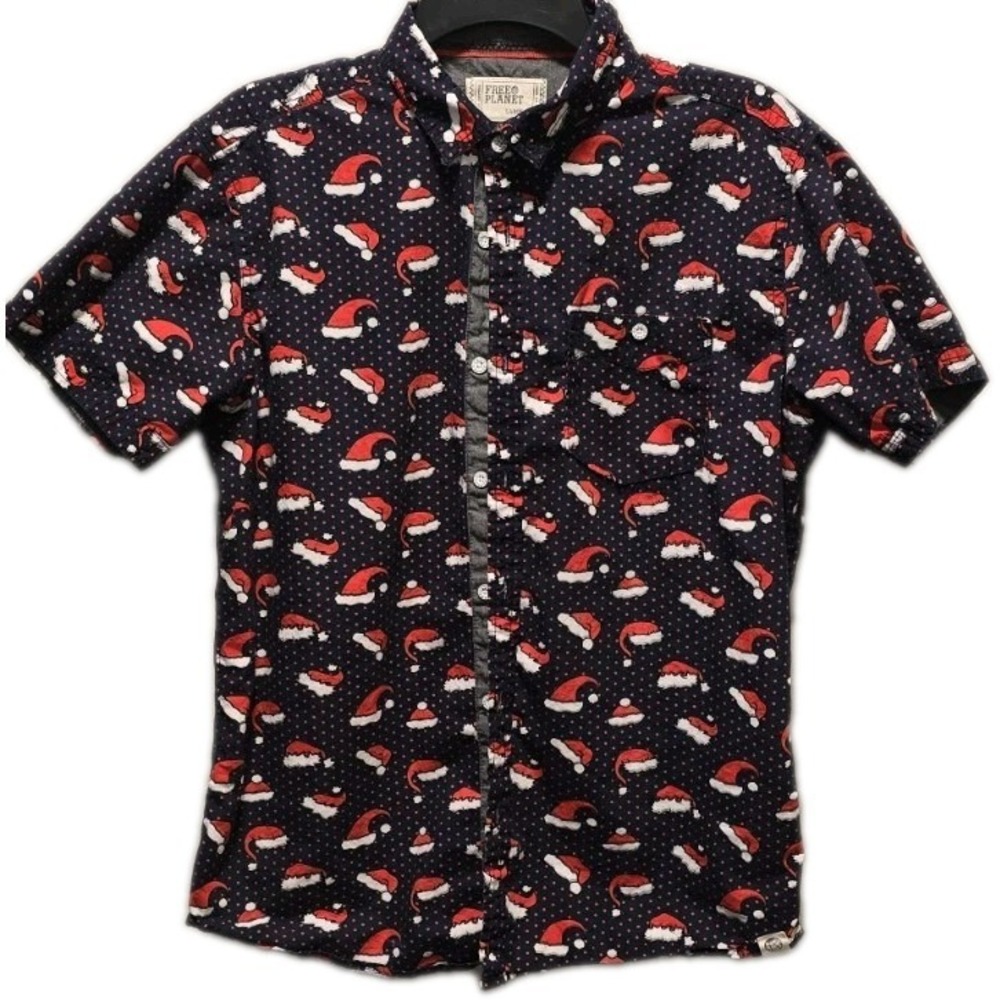 Free Planet Men's Christmas Shirt Large Navy Santa Hat Button‎ Down 100% Cotton
